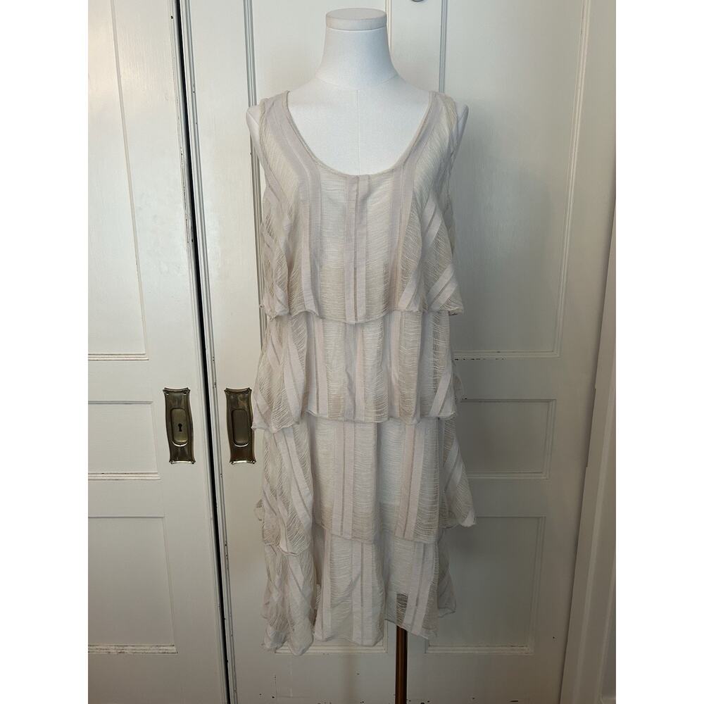 Tempo Paris Tiered Boho Knee Length Dress Womens Size Medium Ivory Lagenlook NWT